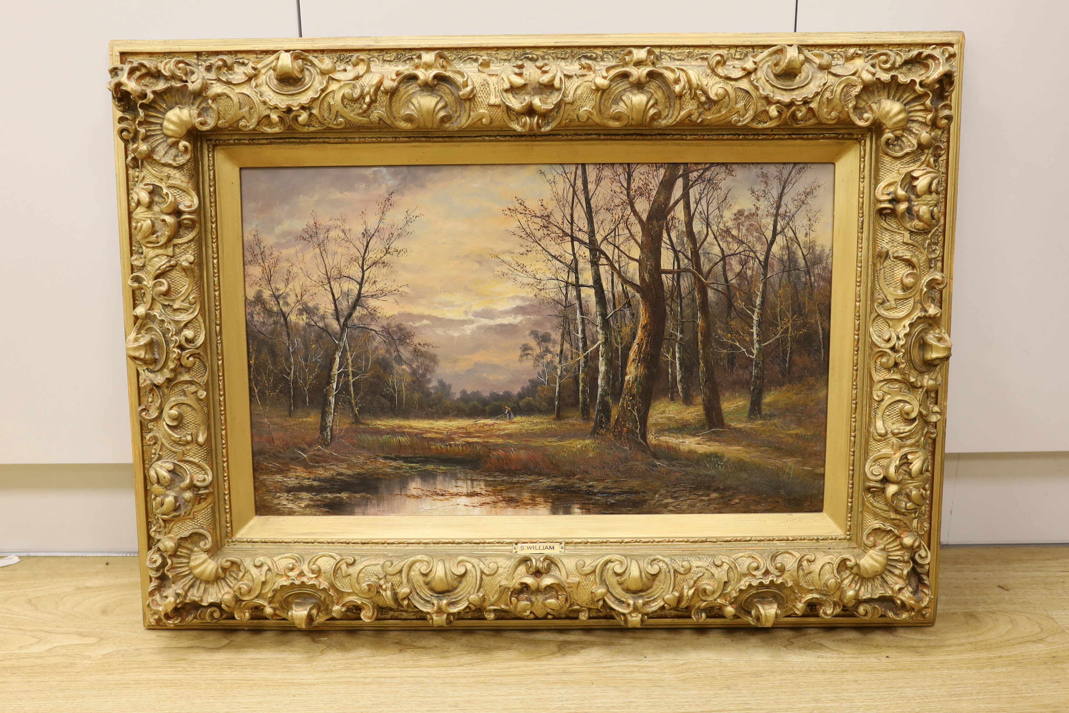 S. William (20th. C) oil on canvas, Woodland glade, plaque to the frame, 61 x 37cm